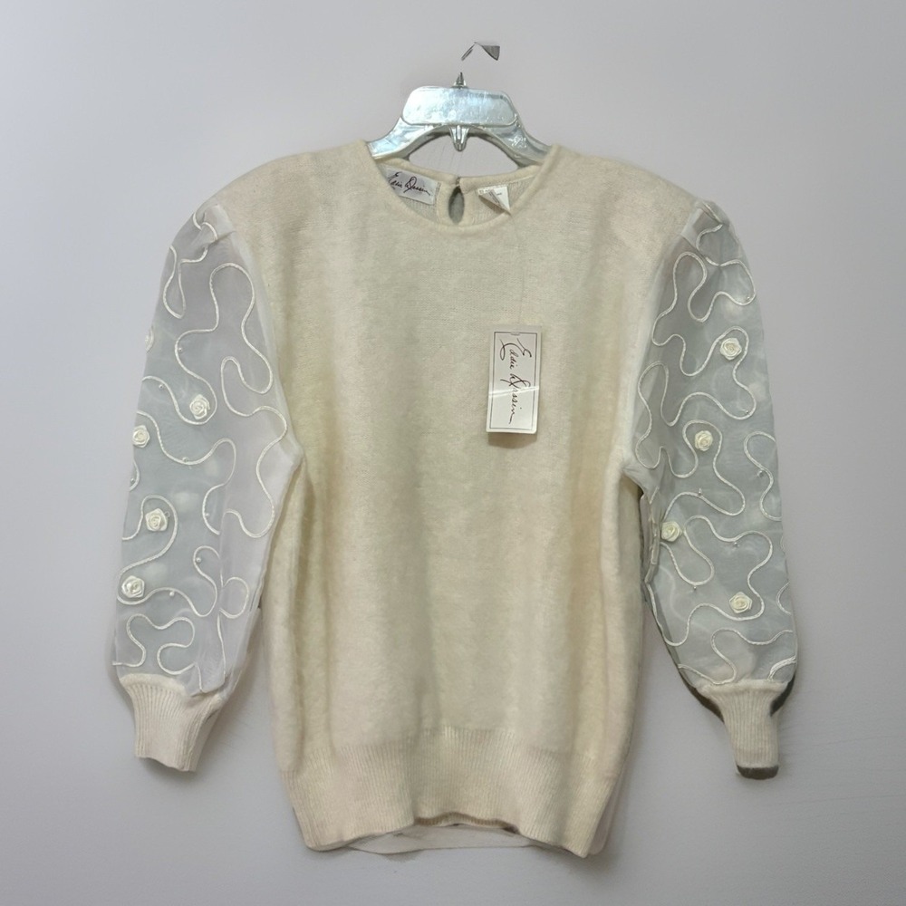 VTG Eddie Dassin Women's L Ivory Angora Sweater Sheer Sleeve‎ Coquette 90s